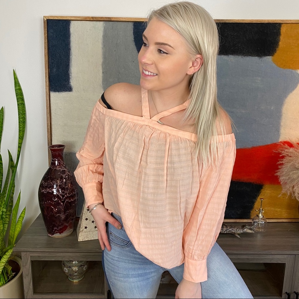 1. State Coral Cold Shoulder Blouse